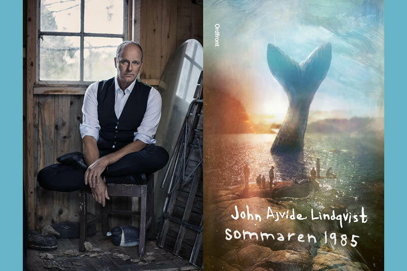 Tvådelad bild: porträttfoto av författaren John Ajvide Lindqvist och omslag till boken Sommaren 1985